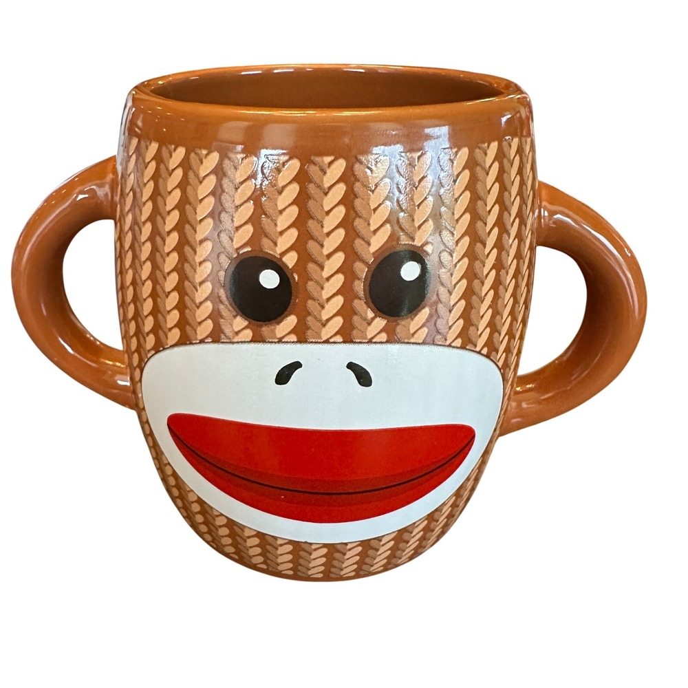 Galerie Sock Monkey Mug Brown Ceramic Double Handle Knit Pattern Coffee Cup
